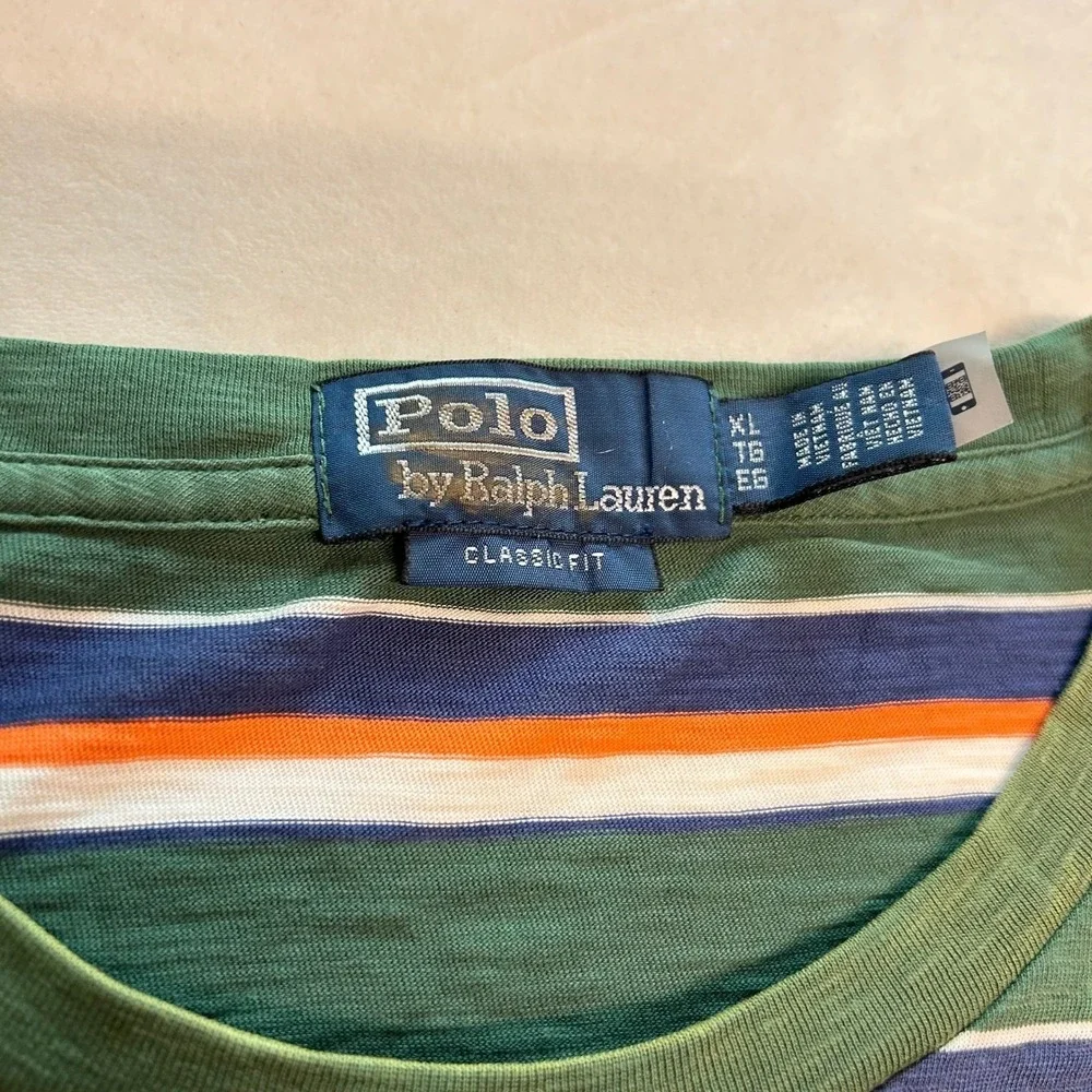 Polo Ralph Lauren Mens XL Classic Fit Striped Pocket T-Shirt Green Blue Orange